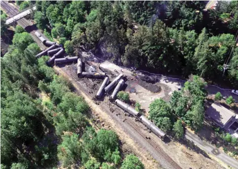  ??  ?? This June 4, 2016, file aerial photo, provided by the Washington State Department of Ecology, shows scattered and burned oil tank cars after a train derailed and burned near Mosier, Ore. —AP