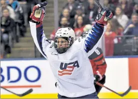  ?? AP FILE ?? U.S. forward Brianna Decker celebrates scoring against Canada during a Feb. 14, 2019, Rivalry Series hockey game in Toronto.