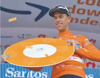  ??  ?? Richie Porte celebrates during his Tour Down Under glory year in 2020. Picture: Getty