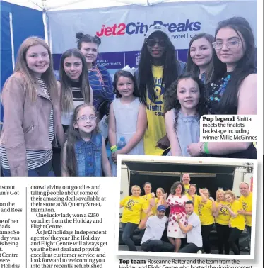  ??  ?? Pop legend Sinitta meets the finalists backstage including winner Millie Mcginnes Top team Roseanne Ratter and the team from the Holiday and Flight Centre who hosted the singing contest as part of their Family Man Day at Hamilton Races