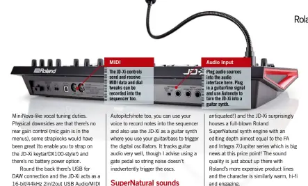  ??  ?? MIDI The JD-Xi controls send and receive MIDI data and dial tweaks can be recorded into the sequencer too.
Audio Input Plug audio sources into the audio interface here. Plug in a guitar/line signal and use Autonote to turn the JD-Xi into a guitar synth.