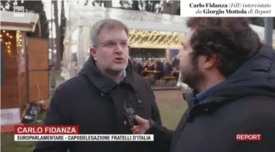  ?? ?? Carlo Fidanza (FdI) intervista­to da Giorgio Mottola di Report