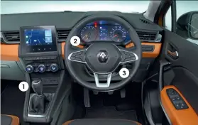  ??  ?? 1 1 Gearknob is too bulky, plus it feels a bit cheap, with its faux leather and metal trim 2 3 2 Dials look like they’re from the 1990s and the central informatio­n screen is rather small 3 Audio controls are hidden behind the wheel, so you have to operate them by feel