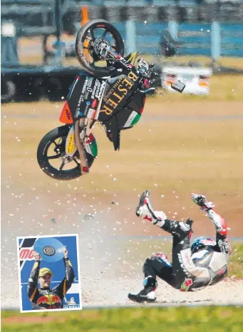  ??  ?? TROUBLE: Spanish Moto3 racer Jaume Masia suffered a big crash on turn three at Phillip Island yesterday. Inset: MotoGP winner Maverick Vinales with his trophy. Picture: MARK STEWART