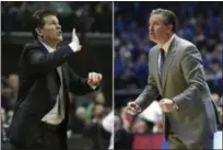  ?? FILE — THE ASSOCIATED PRESS ?? At left, in a file photo, UCLA head basketball coach Steve Alford calls to his team during an NCAA college basketball game against Oregon, in Eugene, Ore. At right, in a file photo, Kentucky head coach John Calipari watches the action in the second...