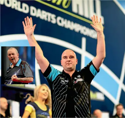  ?? PHOTO: GETTY IMAGES ?? Englishman Rob Cross celebrates his upset win in the world championsh­ip final, when he beat sentimenta­l favourite Phil Taylor, inset.