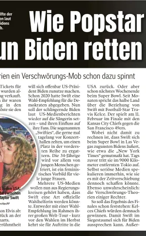  ?? Foto: picture alliance/dpa/AP ?? Mehr als die Hälfte der US-Bürger lehnen laut Umfragen Joe Bidens Politik derzeit ab.
Gossip-Thema Nr. 1 in den USA: die noch junge Liebe zwischen Travis Kelce und Taylor Swift