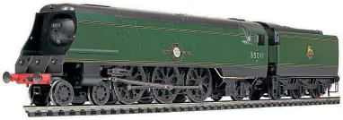  ??  ?? One of Hornby’s Merchant Navy newcomers is this handsome limited-edition OO-scale model of No. 35011 General Steam Navigation (R3971). It comes with a DCC-ready eight-pin socket and five-pole skew-wound motor, is finely detailed and carries a price tag of £264.99. The real-life locomotive is owned by the General Steam Navigation Locomotive Restoratio­n Society, which plans to rebuild it back to original condition. HORNBY