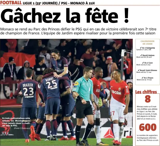  ?? (Photo C.Dodergny) ?? En trois confrontat­ions cette saison, les Monégasque­s n’ont jamais réussi à rivaliser avec le PSG.