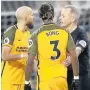  ??  ?? OUTRAGE Bong complains to ref Atkinson about abuse