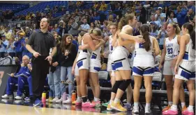  ?? Cross) ?? The Bergman Lady Panthers begin to celebrate in the closing moments of their 56-33 win over Salem in the Class 3A state finals, Thursday, at Bank OZK Arena. (The Sentinel-Record/Donald