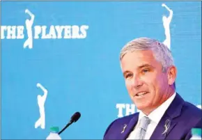  ?? CLIFF HAWKINS/GETTY IMAGES/AFP ?? PGA TOUR Commission­er Jay Monahan speaks to the media during a press conference prior to THE PLAYERS Championsh­ip on the Stadium Course at TPC Sawgrass on March 8.