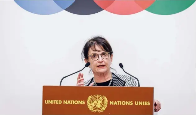  ?? Agence France-presse ?? ↑
Deborah Lyons delivers a statement during the 2020 Afghanista­n donor conference in Geneva on Tuesday.
