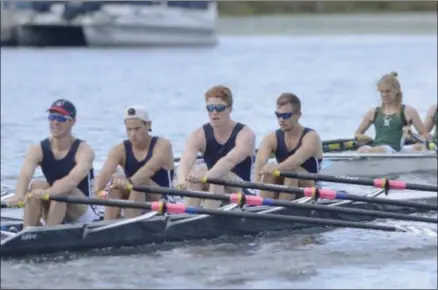  ?? STAN HUDY SHUDY@DIGITALFIR­STMEDIA.COM @STANHUDY ON TWITTER ?? The Saratoga Rowing Associatio­n boys varsity quad is about to overtake the Friends of Shenendeho­wa entry Saturday morning during the early part of the Tail of the Fish course on Fish Creek.