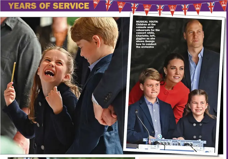  ?? ?? MUSICAL YOUTH: Children at the console amid rehearsals for the concert while, Charlotte, left, giggles as she shows George how to conduct the orchestra