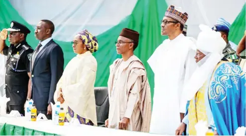  ?? Photo: Shehu K. Goro ?? From right: Emir of Zazzau, Alhaji Shehu Idris; President Muhammadu Buhari, Kaduna State Governor Nasir El-Rufai, Finance Minister Zainab Ahmed, National Security Adviser Babagana Monguno and Inspector General of Police Ibrahim Idris during the president’s visit to Kaduna over the recent crisis in the state yesterday