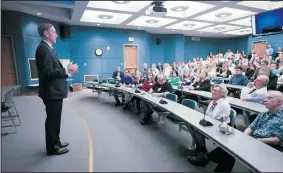  ?? Arkansas Democrat-Gazette/STATON BREIDENTHA­L ?? Dr. Wesley Burks answers questions from University of Arkansas for Medical Sciences staff and faculty members Wednesday as he visits the campus in Little Rock. Burks is one of two candidates for UAMS chancellor. He concluded a two-day visit to Arkansas...