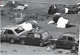  ??  ?? Carnage in the park: John Downey, left, denies being one of the IRA team whose car bomb, above, killed soldiers including Lance Corporal Young, right with Sarah Jane