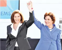  ??  ?? US Sen Catherine Cortez Masto (D-NV) (left) introduces US Rep and US Senate candidate Jacky Rosen (D-NV) during a rally at the Culinary Workers Union Hall Local 226 featuring former US vice-president Joe Biden in Las Vegas, Nevada. Early voting for the midterm elections in Nevada began on Saturday. — AFP photo