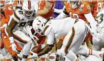 ?? AL DIAZ / MIAMI HERALD ?? Hurricanes defensive lineman DJ Johnson, a Sacramento, Calif., native told coach Mark Richt he’d like to continue his career closer to his family. Johnson played in eight games this season.