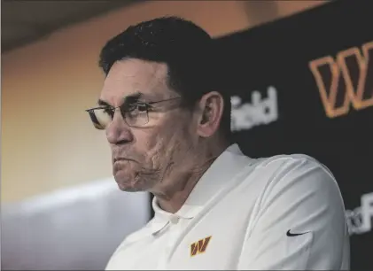  ?? AP PHOTO/MARK SCHIEFELBE­IN ?? Washington Commanders head coach Ron Rivera during his news conference at the end of an NFL football game against the Dallas Cowboys, on Sunday in Landover, Md. Dallas won 38-10.