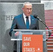  ?? BARRY WILLIAMS/FOR NEW YORK DAILY NEWS ?? U.S. Sen. Chuck Schumer, D-N.Y., speaks for Broadway relief in Times Square on Sept. 18 in Manhattan, New York. Schumer pushed for legislatio­n that would create a Small Business Administra­tion program to provide grants to eligible shows, production­s, venue operators, producers, promoters, or talent representa­tives hurt by the pandemic.