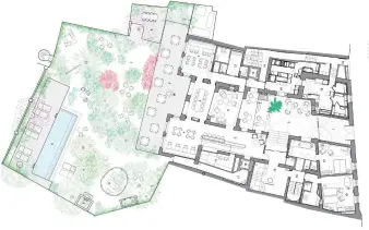  ??  ?? El mobiliario es una parte muy importante del proyecto. La cama, con sus mesitas y cabeceros acabados en madera de nogal y terciopelo, y equipada con lámparas y pulsadores de latón envejecido, configura un espacio delicado y recogido en sí mismo que contrasta con la textura basta e inacabada de las paredes y techos existentes.