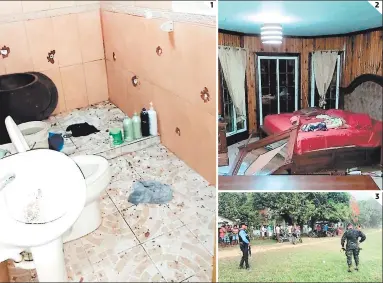  ?? FOTOS: EL HERALDO ?? (1) Las perforacio­nes en la pared de uno de los baños de la casa reflejan el violento ataque perpetrado en La Mosquitia. (2) Las habitacion­es fueron saqueadas como si los sicarios buscaran algo. (3) Una de las cuatro víctimas mortales quedó en uno de los patios de la vivienda.