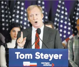  ?? Carolyn Kaster ?? The Associated Press Billionair­e activist Tom Steyer, seen here at a Washington news conference Jan. 8, will speak at a UNLV rally on Saturday.