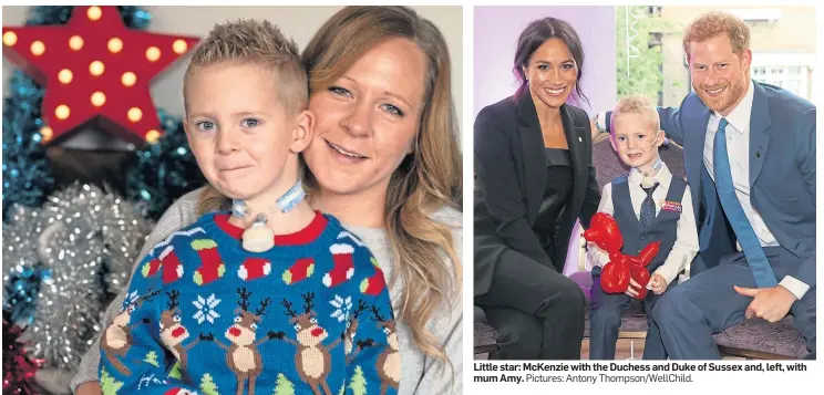  ??  ?? Little star: McKenzie with the Duchess and Duke of Sussex and, left, with mum Amy. Pictures: Antony Thompson/WellChild.