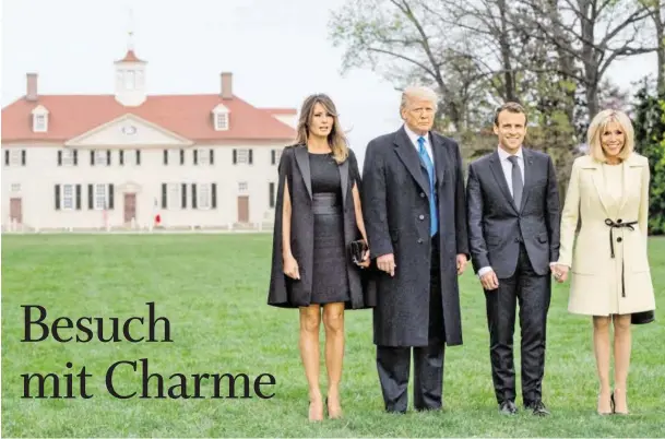  ?? BILD: SN/AFP ?? Vierertref­fen in Mount Vernon: US-Präsident Donald Trump mit Gattin Melania, Frankreich­s Präsident Emmanuel Macron mit Gattin Brigitte.