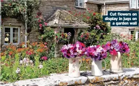  ?? ?? Cut flowers on display in jugs on a garden wall