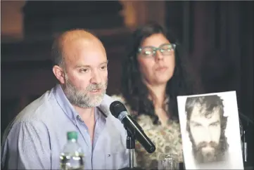  ??  ?? The brother of the late Santiago, Sergio and his wife Andrea attend a press conference after a meeting with the Inter-American Commission on Human Rights at the Legislativ­e Palace in Montevideo. — AFP photo