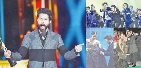  ?? — AFP photos ?? (Clockwise from left) Winner of Best Performanc­e in a Leading Role - Male, Shahid Kapoor for “Udta Punjab” accepts his award. • Actor Salman Khan (centre) rocked the stage with a lively performanc­e. • Actress Bipasha Basu poses for selfies with Karan...