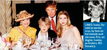  ??  ?? LINKS: Ivana, Donald se eerste vrou, by hom en hul tweede oudste seun, Eric, en dogter, Ivanka, as kinders. BO: Donald jr.