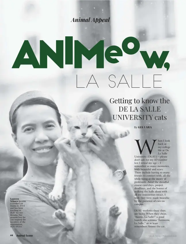  ??  ?? Laureen Velasco became a certified cat mama in 2014 and has been teaching in DLSU for two decades. Her genuine love for cats inspired the inception of the organizati­on, DLSU-PUSA.