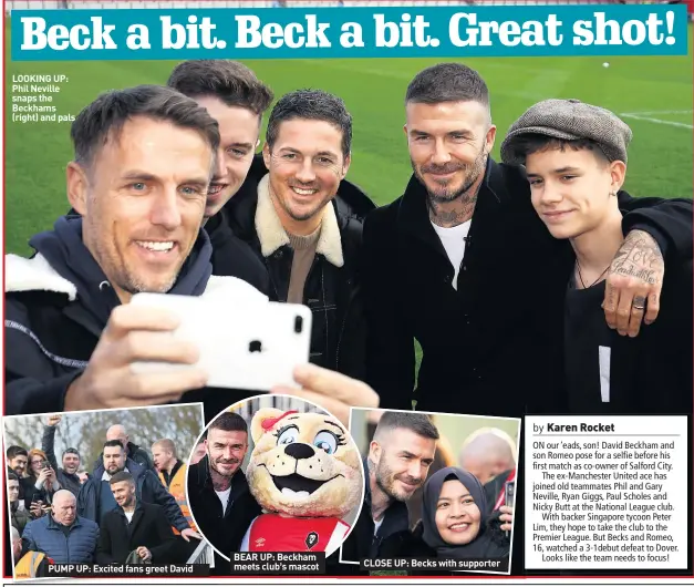  ??  ?? LOOKING UP: Phil Neville snaps the Beckhams (right) and palsPUMP UP: Excited fans greet David BEAR UP: Beckham meets club’s mascotCLOS­E UP: Becks with supporter