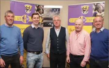  ??  ?? Co. Chairman Diarmuid Devereux (centre) at the ClubWexfor­d sponsors’ night in the Amber Springs Hotel on Saturday with Conor Carton (Carton Pit Stop), Jim Hughes (Innovate), Jack Redmond (Jack’s Tavern) and Tony Doyle (Creane and Creane Insurance).