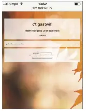  ??  ?? De portalpagi­na opent op veel mobiele apparaten automatisc­h zodra iemand met het gastwifi verbinding maakt. Je kunt daarmee alleen op internet als je de gebruiksvo­orwaarden accepteert en de op het TFT-display getoonde pincode intypt.
