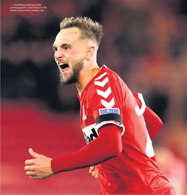  ??  ?? ■ Lewis Wing celebrates after scoring against Crystal Palace in the fourth round of the Carabao Cup