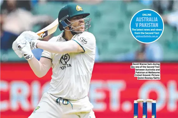  ?? Picture: Quinn Rooney/Getty ?? David Warner bats during day one of the Second Test between Australia and Pakistan at Melbourne Cricket Ground.