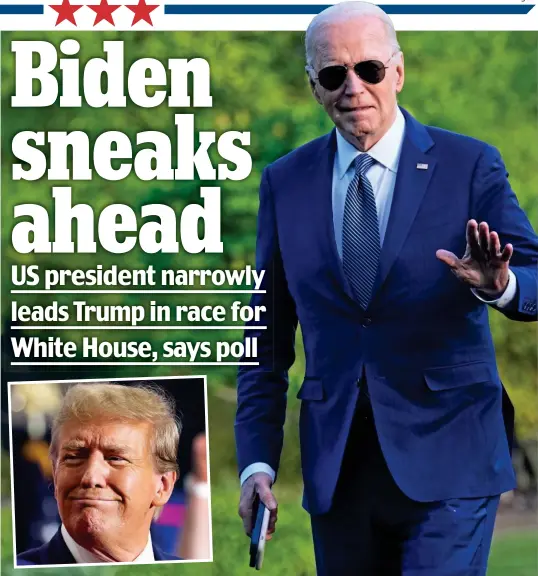  ?? ?? On track for victory? US president Joe Biden is ahead of Donald Trump, inset, and analysts predict a nail-biting contest