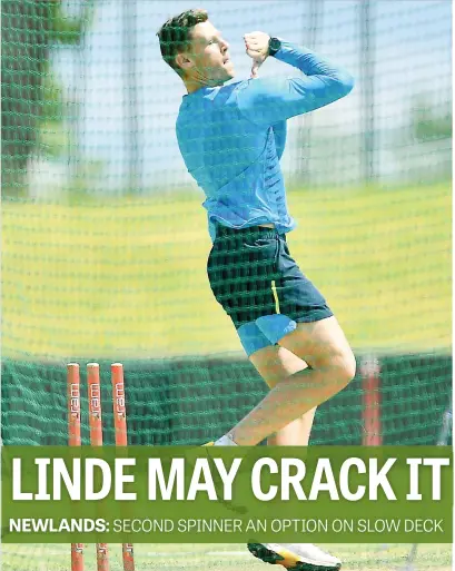  ?? Picture: Gallo Images ?? HARD AT WORK. Proteas spinner George Linde, seen here during a national team training session this week, could make his T20 debut against England at Newlands tonight.