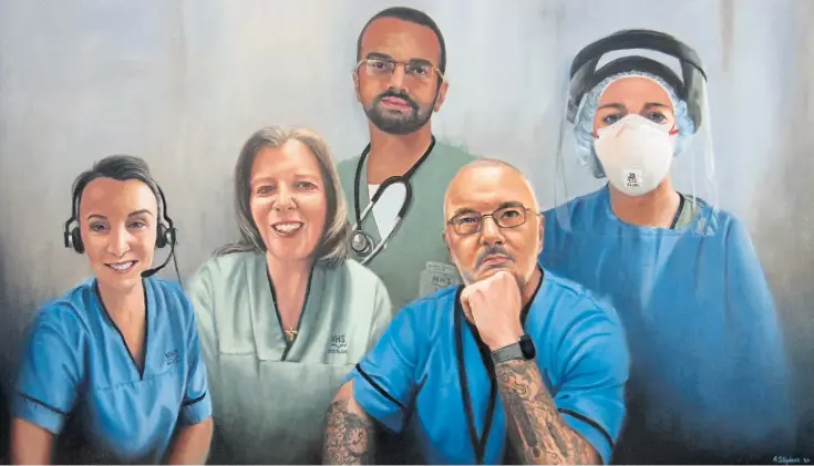  ??  ?? PICTURE OF HEALTH: The portrait featuring NHS Fife staff and, below, artist Alan Stephens at work on the painting, which now hangs at Victoria Hospital in Kirkcaldy.