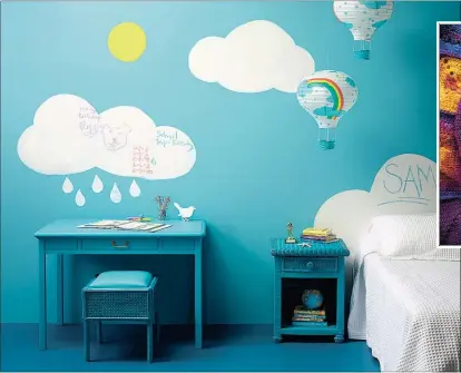  ??  ?? DREAMLAND: The Resene colours for this delightful kid’s bedroom are: walls, Seagull; clouds, Quarter Alabaster; headboard cloud, Alabaster; sun, Gorse; floor, Spinnaker; desk, Shakespear­e; stool, Jelly Bean (base) and Shakespear­e (top); and bedside...