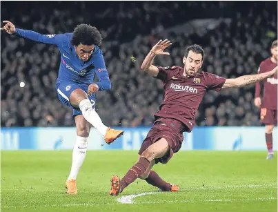  ?? Picture: PA. ?? Willian gives Chelsea the lead against Barcelona at Stamford Bridge.