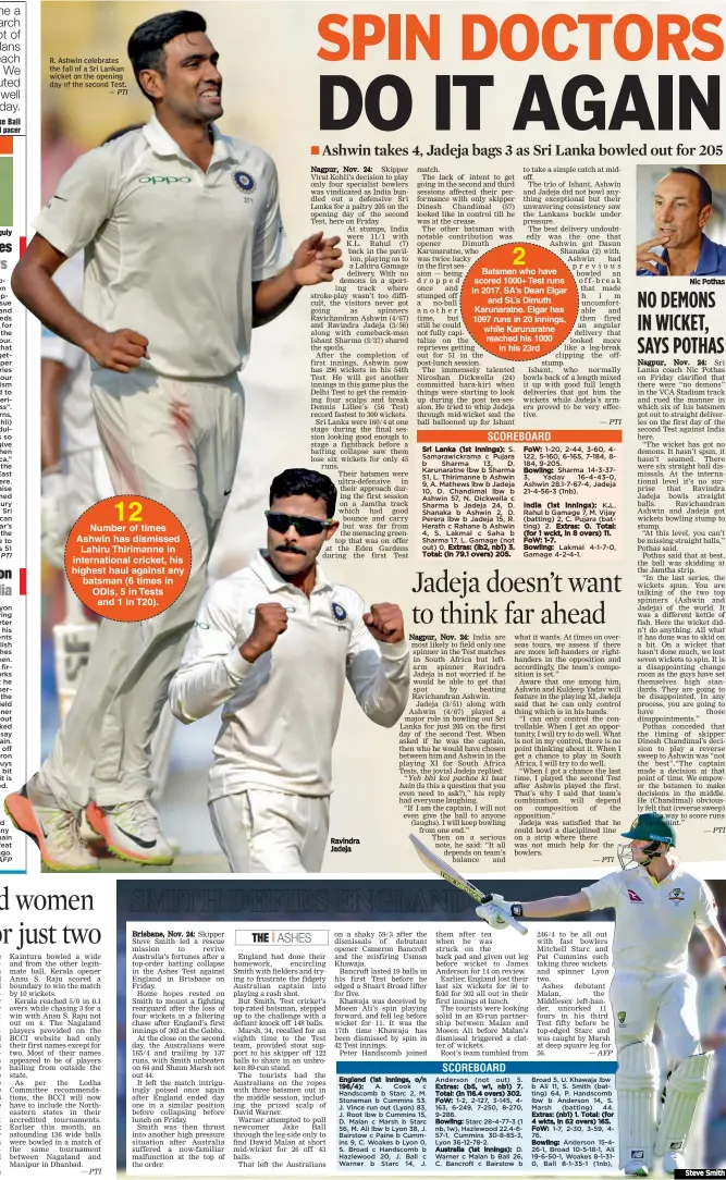  ?? — PTI — PTI — PTI — AFP — PTI ?? Sourav Ganguly R. Ashwin celebrates the fall of a Sri Lankan wicket on the opening day of the second Test. Ravindra Jadeja Nic Pothas Steve Smith