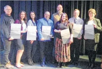  ?? SUEANN MUSICK/THE NEWS ?? Award winners from DEANS Gala Dinner Thursday at Glasgow Square include, from the left: Rob Carter, Lost Shores Gran Fondo (CEO Award); Kristen Williams and Alex Henderson, Nova Scotia Spirit Co. (Marketing Award); Alain Bossé – The Kilted Chef, (Fleur...