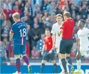  ??  ?? Ashamed: Caley Thistle defender Carl Tremarco is sent off for a last man foul on Falkirk’s Blair Alston, which left Tremarco feeling like he had ‘let everyone down’