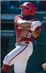  ?? (NWA Democrat-Gazette/ Andy Shupe) ?? Center fielder Christian Franklin finished 3 for 4 with 4 RBI in No. 1 Arkansas’ 11-6 victory over Murray State. More photos at arkansason­line.com/37msuua/